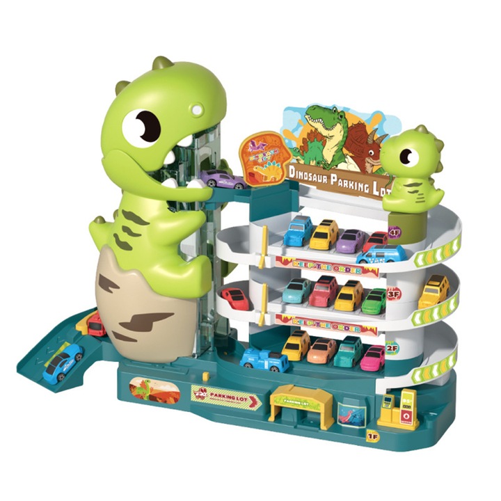 Комплект за игра с интерактивна писта за колички за деца, 6 мини колички, MorFansi®, образователен и забавен, 58 x 16 x 33.5 CM, 4 етажа, 3 години+, динозаври