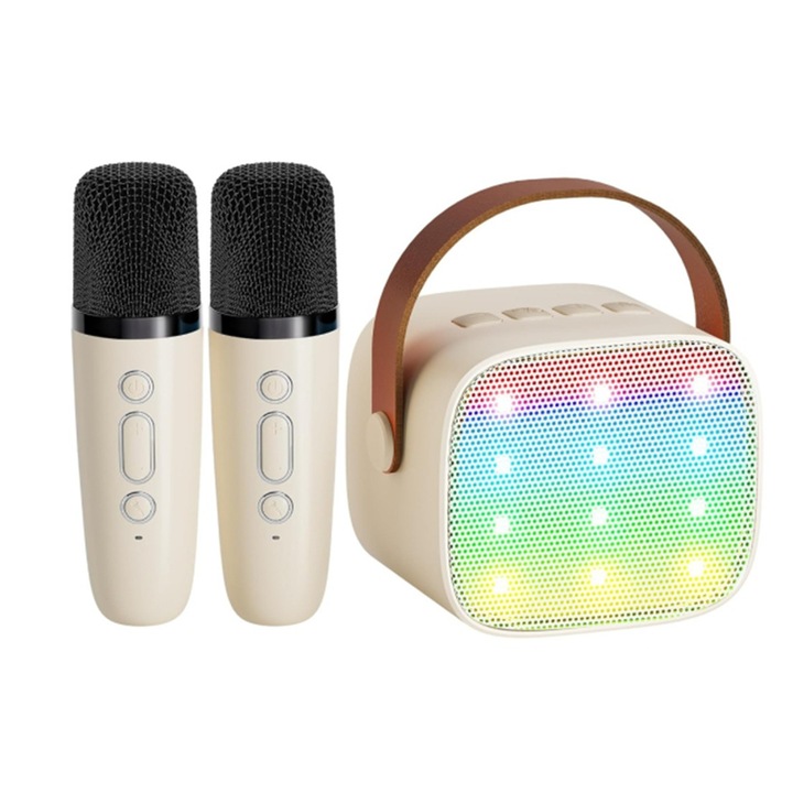 Set Boxa Karaoke Pentru Copii, Boxa Bluetooth Portabila Cu 2 Microfoane Wireless, Esther Beauty®, 5 efecte vocale, Lumini LED RGB Dinamice, Slot pentru Card MicroSD/TF, Pentru Petreceri Si Spectacole, Bej