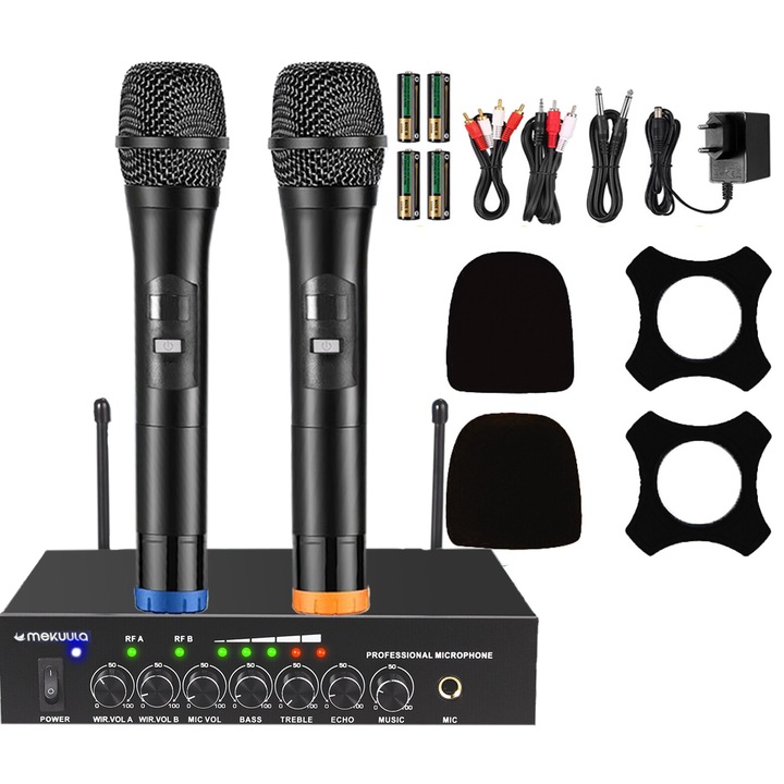 Microfon fara fir Set microfoane wireless Profesionale fara fir UHF cu Receiver cu 2 microfoane15m raza de actiune, negru de karaoke, DJ, cantat biserica nunti difuzoare, amplificatoare, sisteme PA