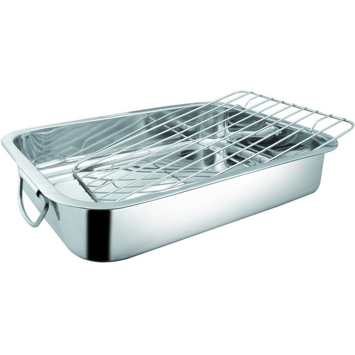 Set 2 x Tava pentru Cuptor, din Inox, cu Gratar, 42 x 32 x 6.50 cm, Grunberg