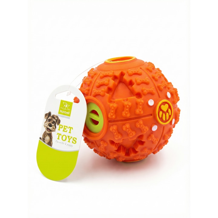 Nunbell® jutalomfalat-adagolós kutyalabda, IQ játék kutyáknak, puzzle nagy kutyáknak, nyikorgó játék agresszíven rágó kutyáknak, tartós gumi, kis méret, 7,5 cm, narancssárga