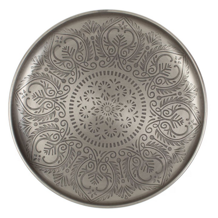 Декоративно плато AB HOMES метално, марокански модел, сребърен цвят, Ø30 см, височина 3 см