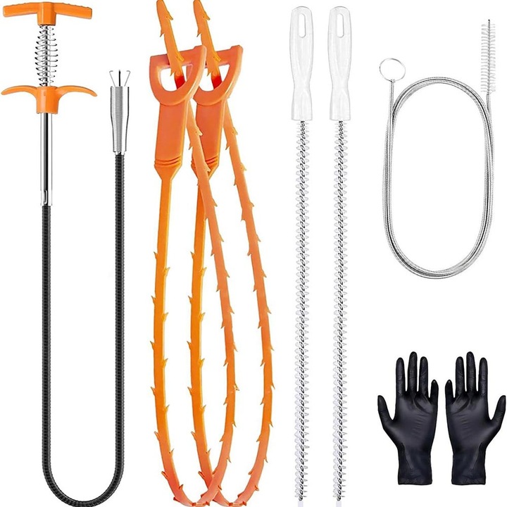 Set complet de deblocare scurgeri, 7 piese – Instrument flexibil de 160 cm pentru indepartarea parului si a blocajelor din toaleta, baie, bucatarie si cada