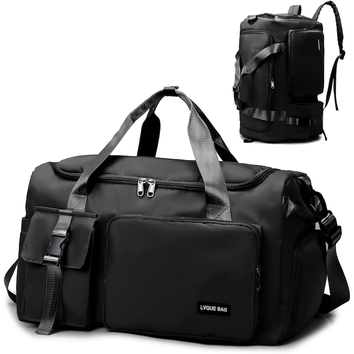 Geanta Sport si Calatorii Unisex 42L, Neagra - Compartiment Pantofi & Umezeala, 3 in 1, Rezistenta la Apa