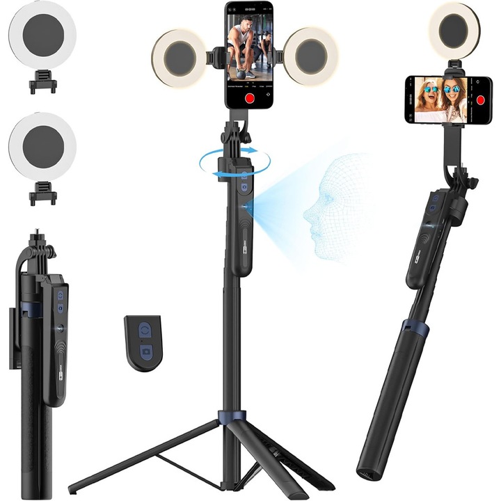 Selfie Stick Multifunctional cu Urmarire Faciala AI, Control Gesturi, Trepied Extensibil 180 cm, Rotativ 360°, 2x Lampi LED cu 3 Moduri, Telecomanda Bluetooth, Compatibil iOS/Android