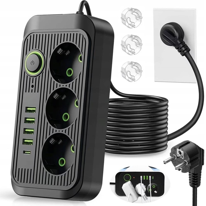 Prelungitor XPQKDC 2500W, 3 Prize + 4 USB, 2m, Montare pe Perete, Negru