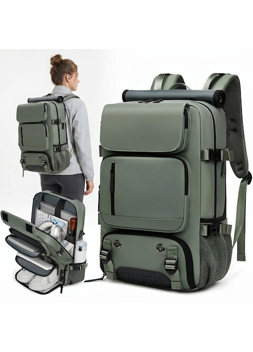 Rucsac Calatorie & Birou, Ideal pentru zboruri, extensibil, buzunar laptop 16", maner lateral si suport troler, Impermeabil, buzunare multiple, capacitate mare, suport USB pentru baterie, ghiozdan multifunctional compatiibil cabina avion, verde militar