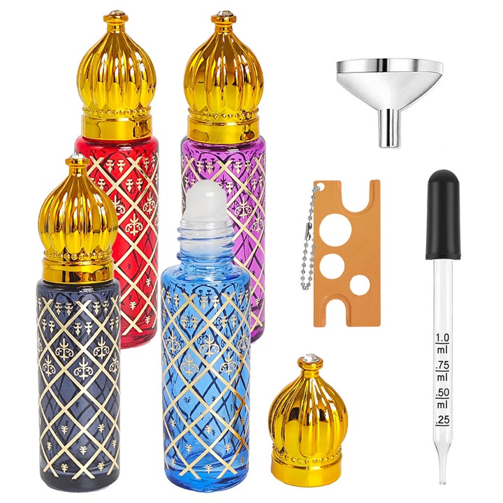 4 db 8 ml-es újratölthető roll-on üveg, UV-álló üvegből, illóolajokhoz, parfümökhöz és virágvizekhez. Tartozék: 3 hasznos kiegészítő (pipetta, tölcsér, 2 az 1-ben eszköz)