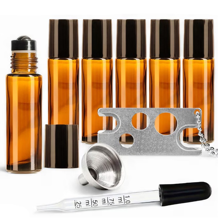 Set 6 Recipiente Sticla Roll-On 10ml, cu Protectie UV, Accesorii Utile Incluse, pentru Uleiuri Esentiale si Parfumuri DIY