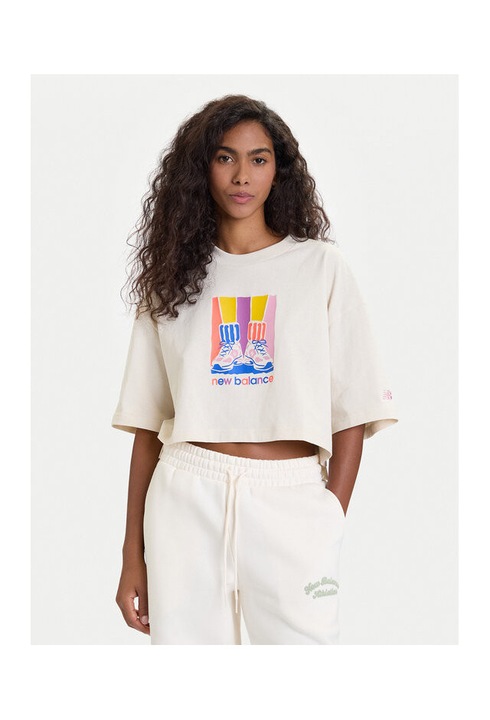 Tricou dama New Balance, bej, bumbac, cu imprimeu