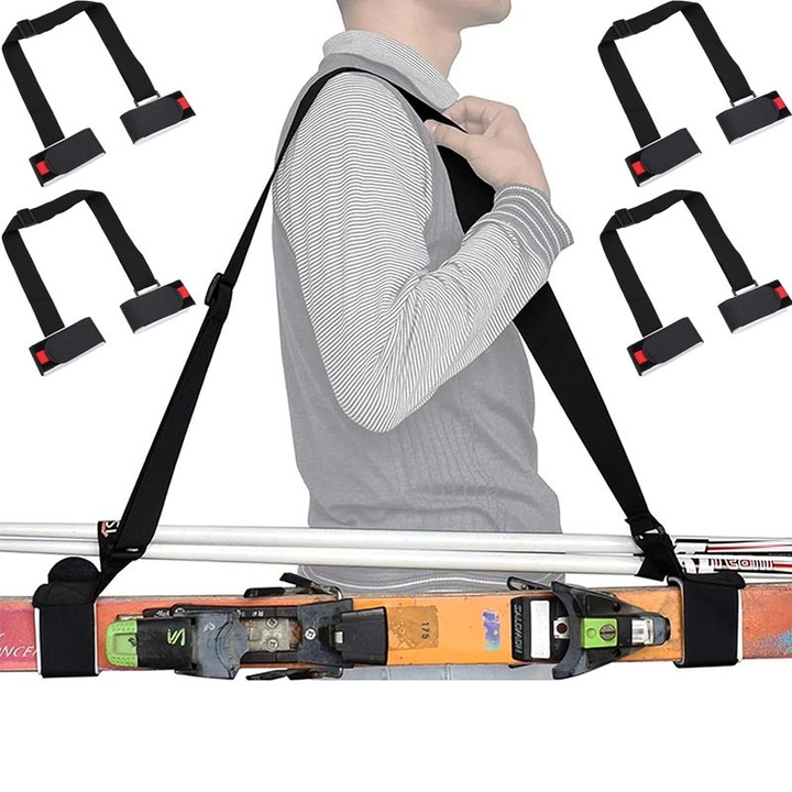 Set 4 curele de transport schiuri Mozeeda, reglabile, rezistente, nylon, multicolor