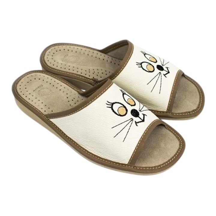 Papuci de fetru pentru femei, piele ecologica, model pisica, Ecru, 38