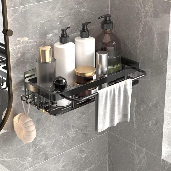 Raft Baie Suport Prosoape Baie cu Adeziv Fixare Fara Gaurire din Otel Carbon Organizator Baie sau Etajere Depozitare in Bucatarie Capacitate Maxima de Incarcare 10KG Lungime 31.5*13.5CM