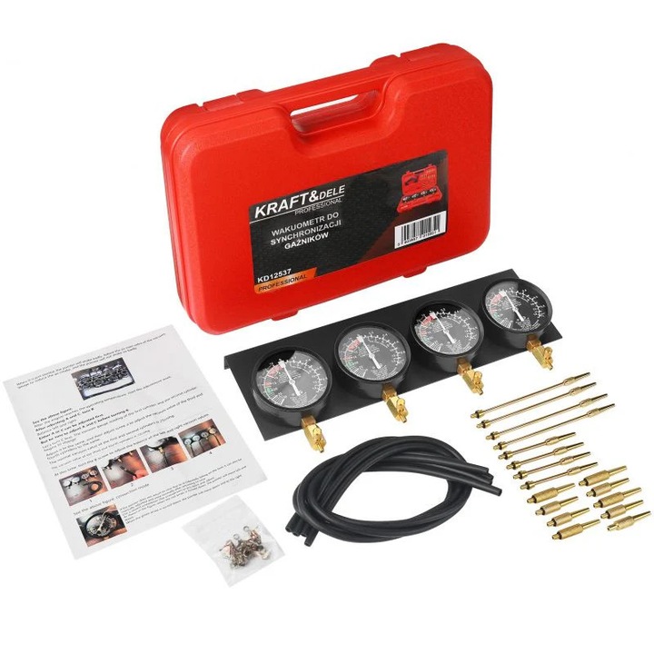 Set instrumente sincronizare carburatoare, Kraft&Dele KD12537, 4 manometre 93mm, furtunuri flexibile, 17 adaptoare