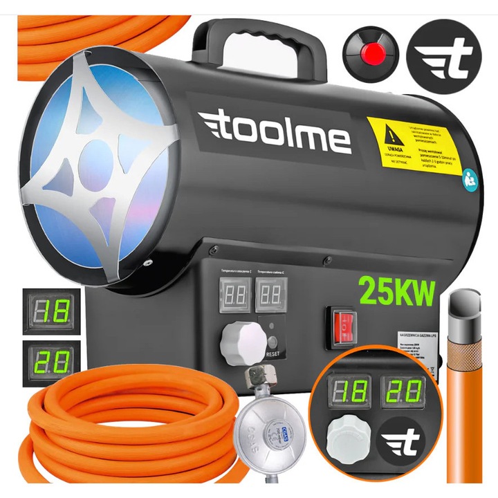 Incalzitor industrial pe gaz Toolme TM182, 25 kW, termostat cu afisaj LCD, dimensiuni 33x22x33cm