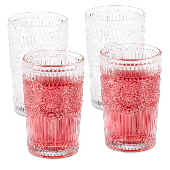 Set de pahare de baut Relaxdays de 4, aspect vintage, transparent