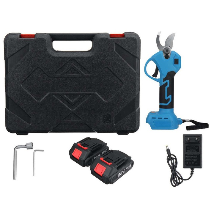 Foarfeca electrica portabila pentru Gradinarit, 2 Acumulatori, 1500W, Lama din otel Carbon, baterie 20000mAh, 1 incarcator accesorii incluse si valiza de transport, autonomie mare