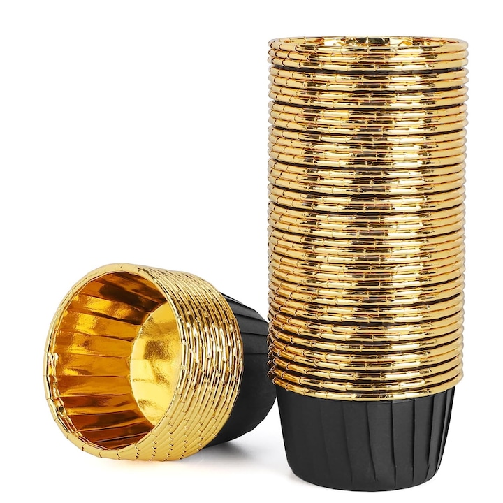 Set 100 forme de copt prajituri, asskanaer, Unica folosinta forme briose, Rezistenta la grasimi, Antiaderenta, Sigura si durabila, Termorezistenta, Pentru briose, cupcakes si prajituri, Hartie/Aluminiu, 5*3.9*6.8cm, Auriu/Negru