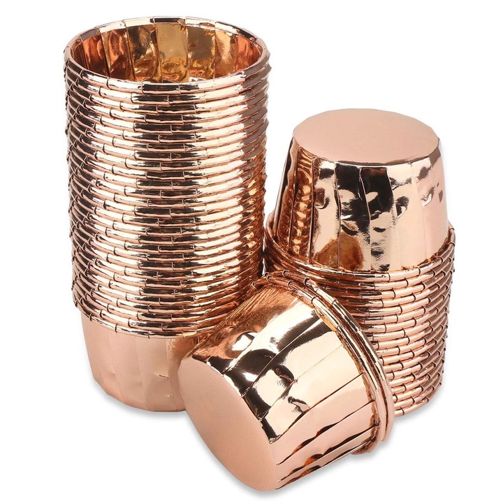 Set 100 forme de copt prajituri, asskanaer, Unica folosinta forme briose, Rezistenta la grasimi, Antiaderenta, Sigura si durabila, Termorezistenta, Pentru briose, cupcakes si prajituri, Hartie/Aluminiu, 5*3.9*6.8cm, Auriu rose