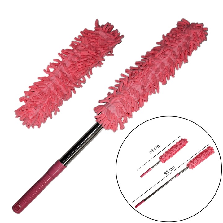 Pamatuf CCmax Roz cu Rezerva din Microfibra si Maner Telescopic 58-95 cm, Curatare Prafului, Panza de Paianjen si Parul de Animale, Ideal pentru Locuri Greu Accesibile