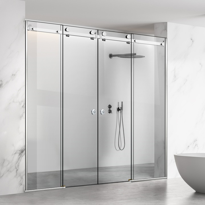 Glissando Premium Inox 4 elemből álló tolóajtós zuhanyfal, víztiszta biztonsági üveg, 205-215x205 cm réshez