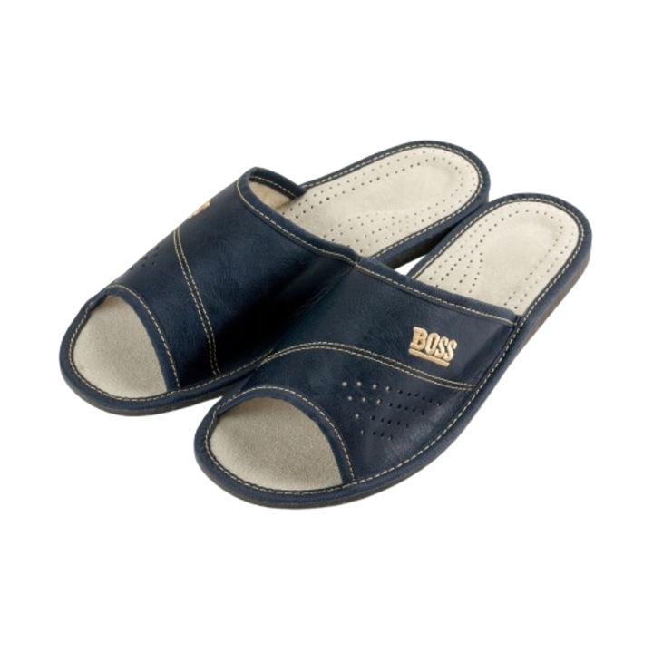 Papuci de casa, pentru barbati, din piele, albastru marin, Bleumarin