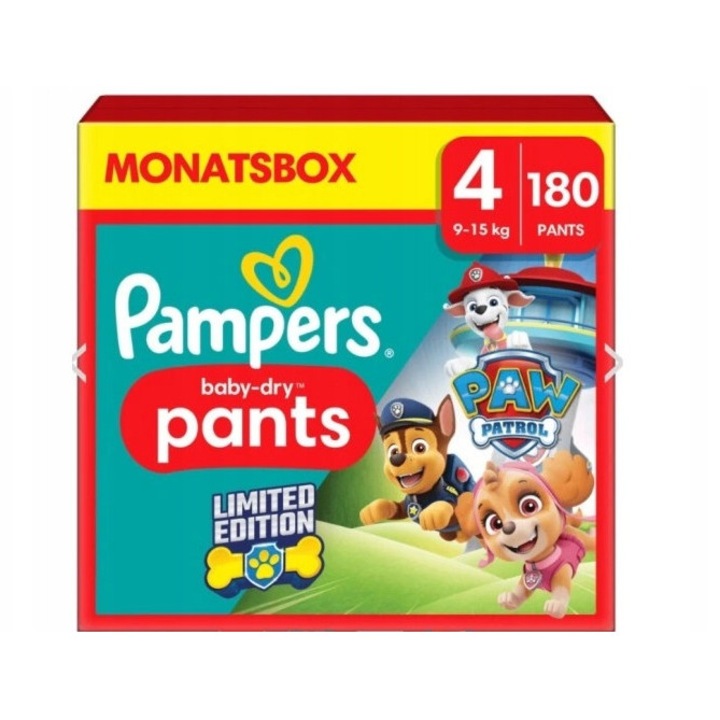 Pampers Baby-Dry Bugyipelenka, 4-es méret, 9-15 kg, 180 darabos szett, Mancs őrjárat design