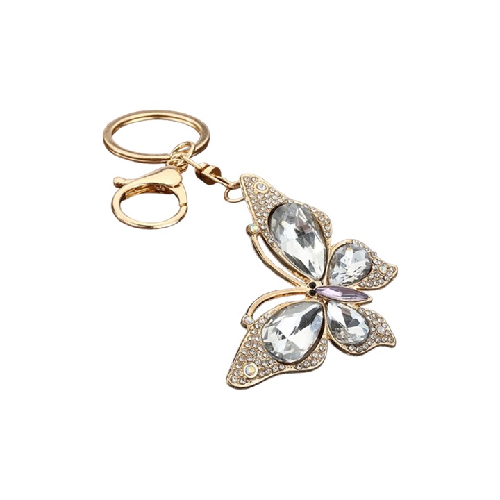 Női autós kulcstartó, pillangóval és strasszokkal, ötvözetből és kristályból, fehér