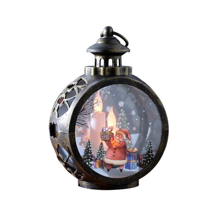 Decoratiune de Craciun, tip felinar, cu iluminare LED, bronz