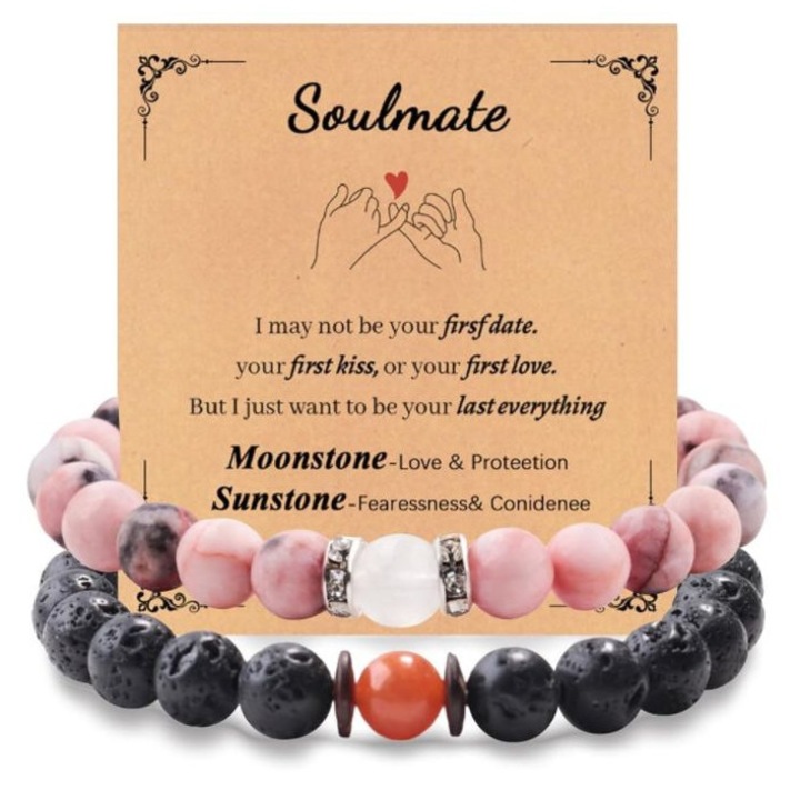 Set 2 bratari dama, roca vulcanica zebra roz, snur elastic