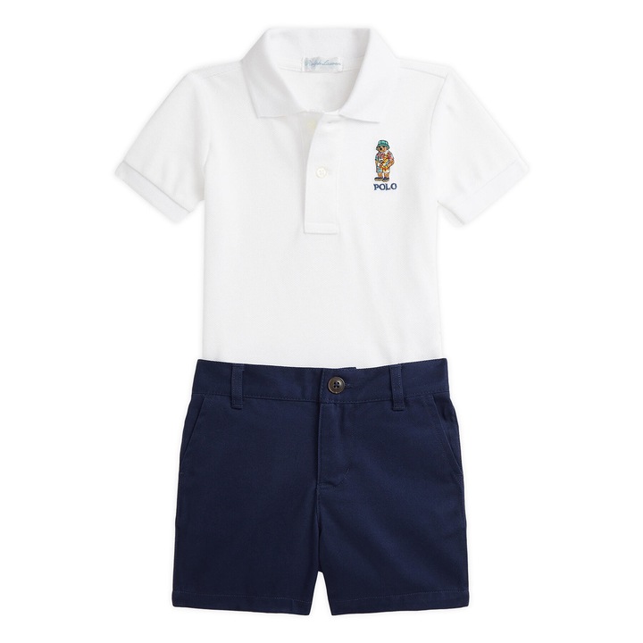 Set tricou si pantaloni copii, Polo Ralph Lauren, alb/albastru, 80 CM