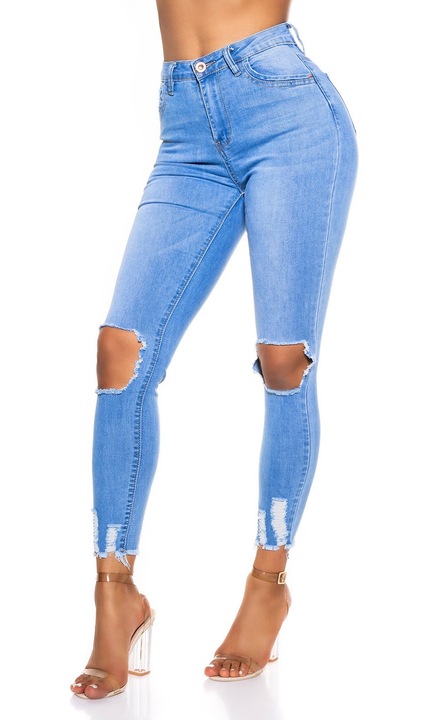 Blugi skinny dama rupti la genunchi, Albastru deschis