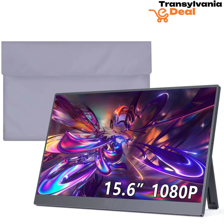 Hordozható Monitor 14" Full HD 1080P, USB-C és HDMI, 60Hz, 25ms, Kompakt és Könnyű, Kompatibilis Laptoppal, Telefonnal, Konzolokkal – Transylvania eDeal