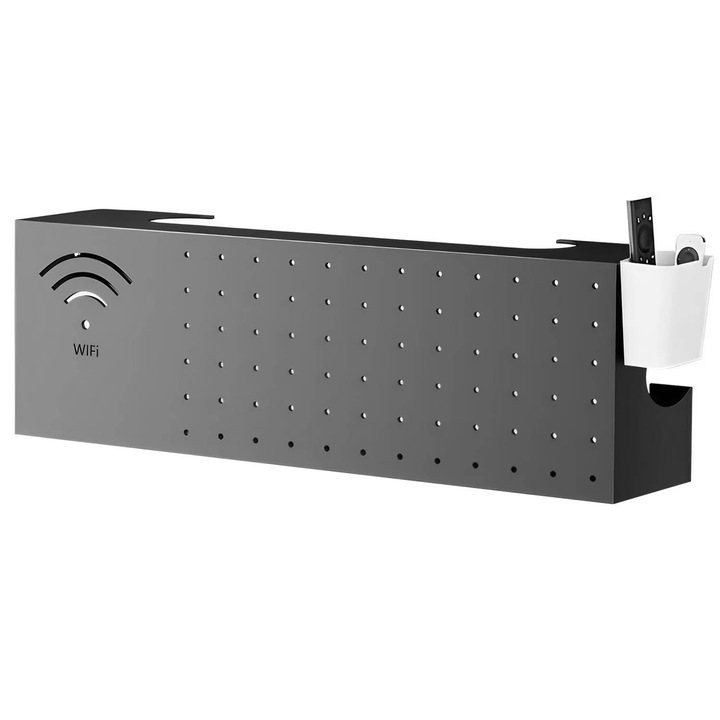 Рафт за рутер, с кутия за съхранение, за скриване на кабели и WI-FI оборудване, възможност за стенен монтаж, 40×20×10 см, въглеродна стомана, черен