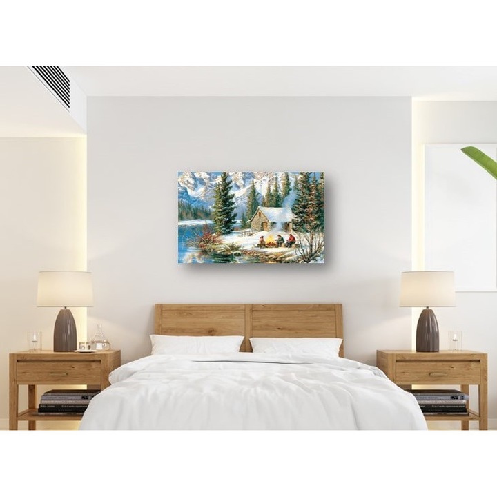 Tablou Canvas de Iarna, Cabana la Munte si Foc de Tabara, Canvas pe Sasiu de Lemn, Lac Selectiv pe Detalii, Tablou 50x70cm