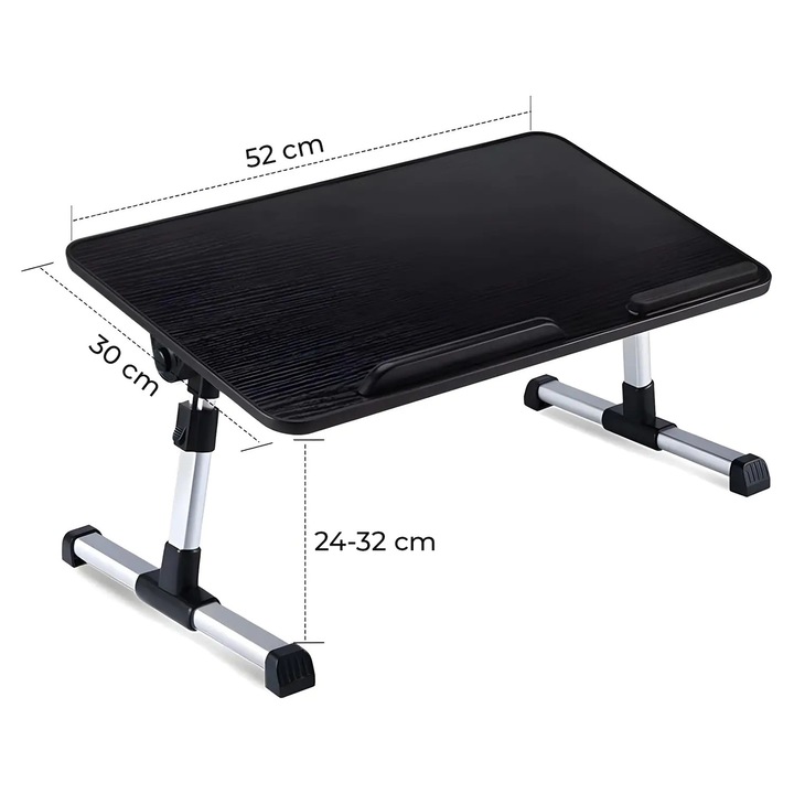 Elindor® összecsukható laptopasztal beépített USB ventilátorral, csúszásmentes, 3 dőlésszög, 5 magassági szint, hordozható iroda bárhol használható, ideális munkához vagy reggelihez az ágyban, 52 x 30 cm, fekete