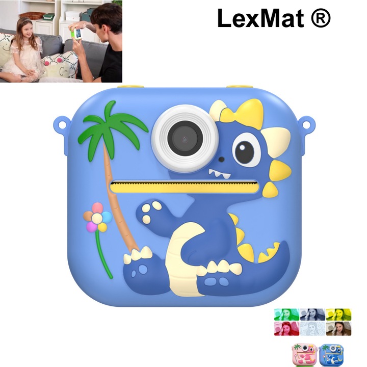 Aparat Foto Copii Printare Instant LexMat®, Camera Digitala Instant, Printare Termica, Mini OS, Jucarie Educativa 3+ Ani, Culoare Albastru Dino