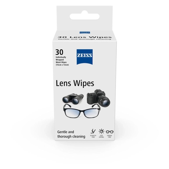 Servetele umede pentru ochelari, lentile, camere foto, obiective, pachet de 30, ambalate individual, ZEISS