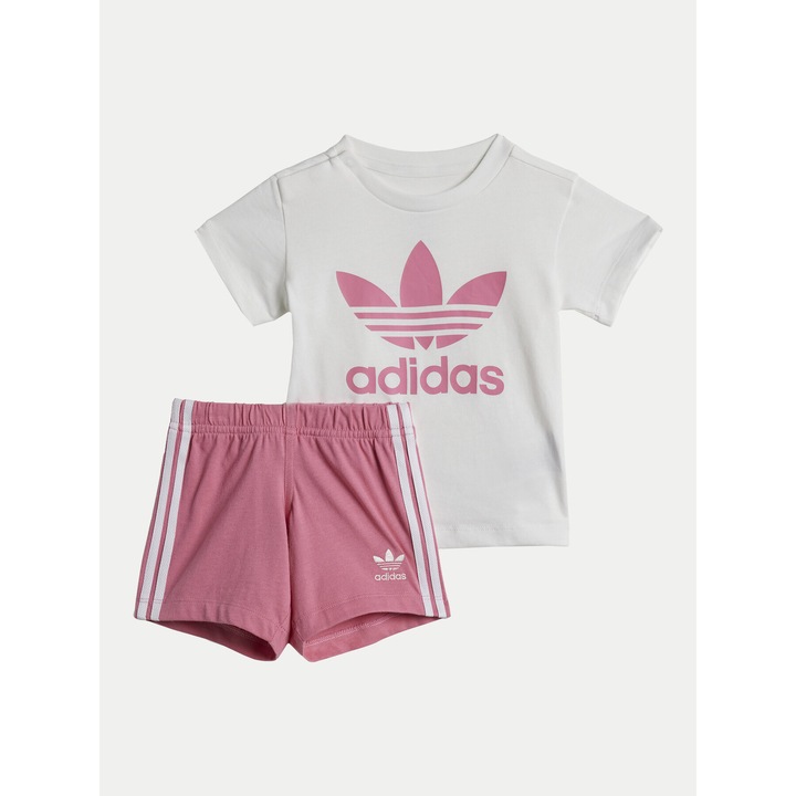 Set Compleu pentru fete, Adidas, Tricou si Pantaloni Scurti, alb/roz, bumbac