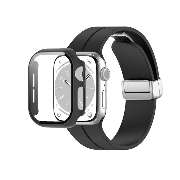 Set husa de protectie si curea din silicon pentru apple watch 46mm s10/S11, dimensiune ajustabila, Negru