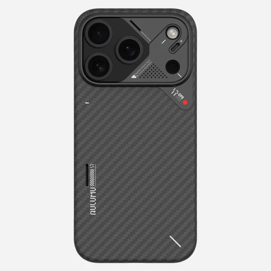 Husa pentru iPhone 17 Pro din fibra de aramida, Aulumu A17, Ultra slim, compatibila MagSafe, Racire activa CoolHyper, Cadru camera din Aluminiu, Design rezistent la socuri, Disipare caldura, Protectie premium, Negru