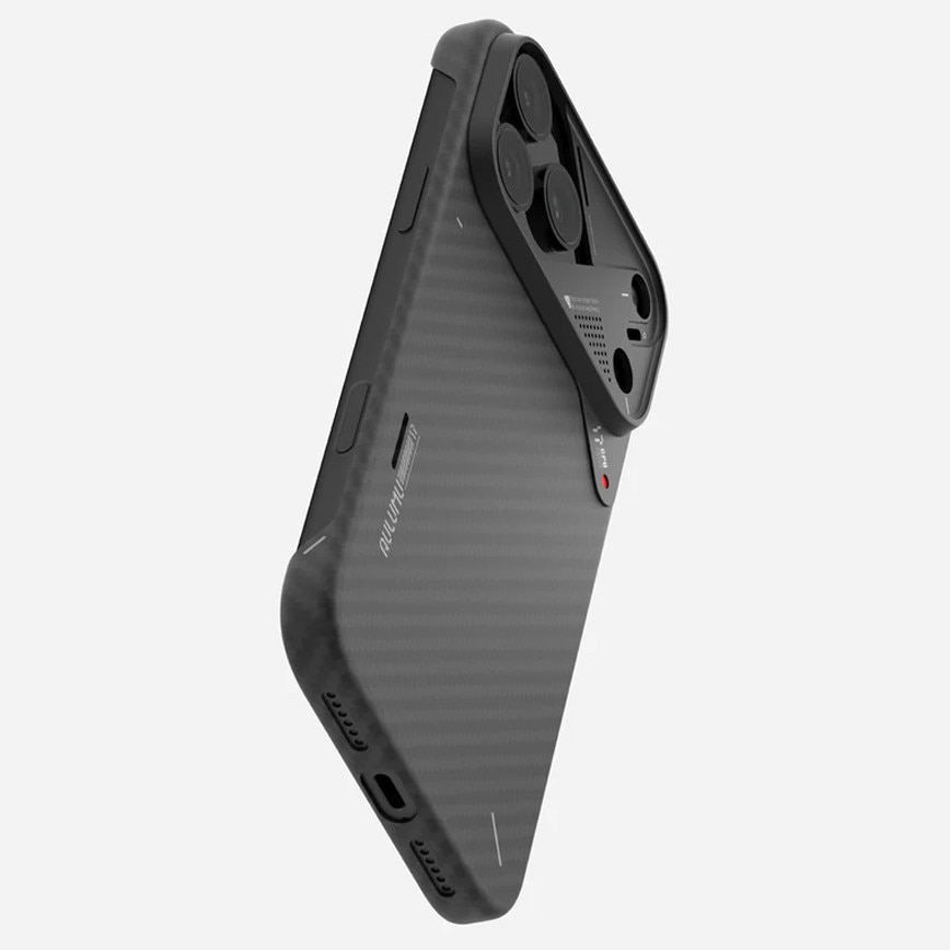 Husa pentru iPhone 17 Pro din fibra de aramida, Aulumu A17, Ultra slim, compatibila MagSafe, Racire activa CoolHyper, Cadru camera din Aluminiu, Design rezistent la socuri, Disipare caldura, Protectie premium, Negru