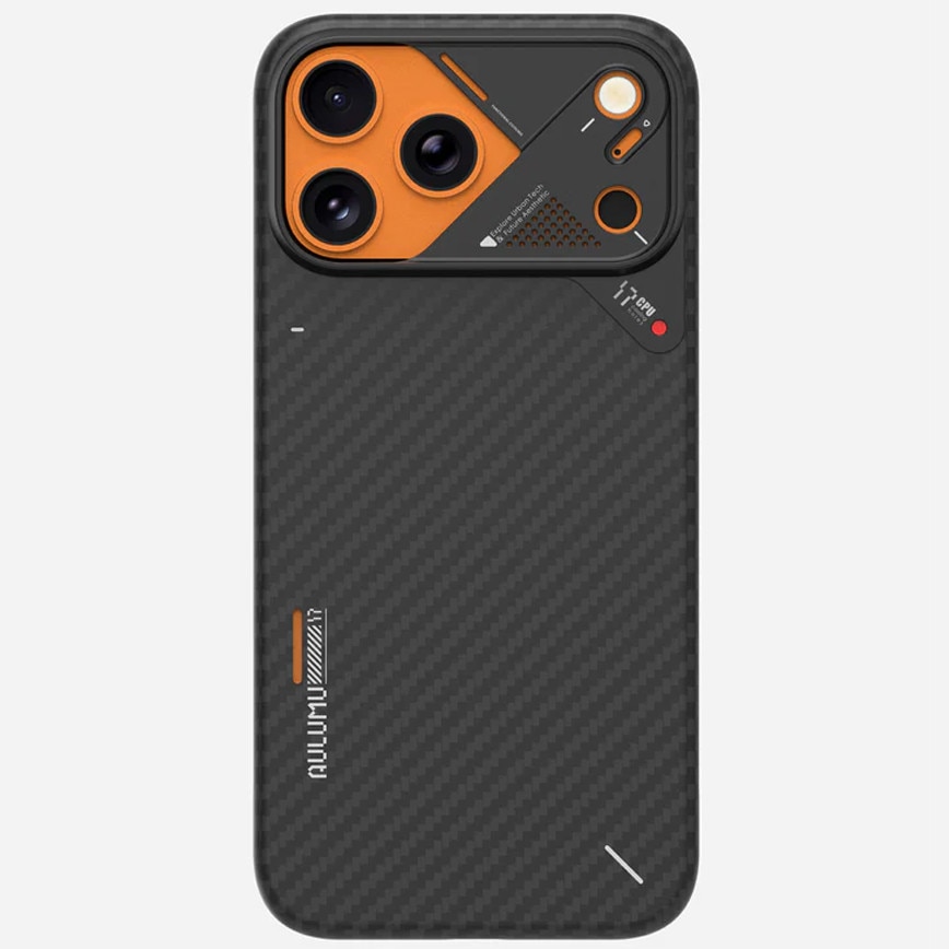 Husa pentru iPhone 17 Pro din fibra de aramida, Aulumu A17, Ultra slim, compatibila MagSafe, Racire activa CoolHyper, Cadru camera din Aluminiu, Design rezistent la socuri, Disipare caldura, Protectie premium, Negru