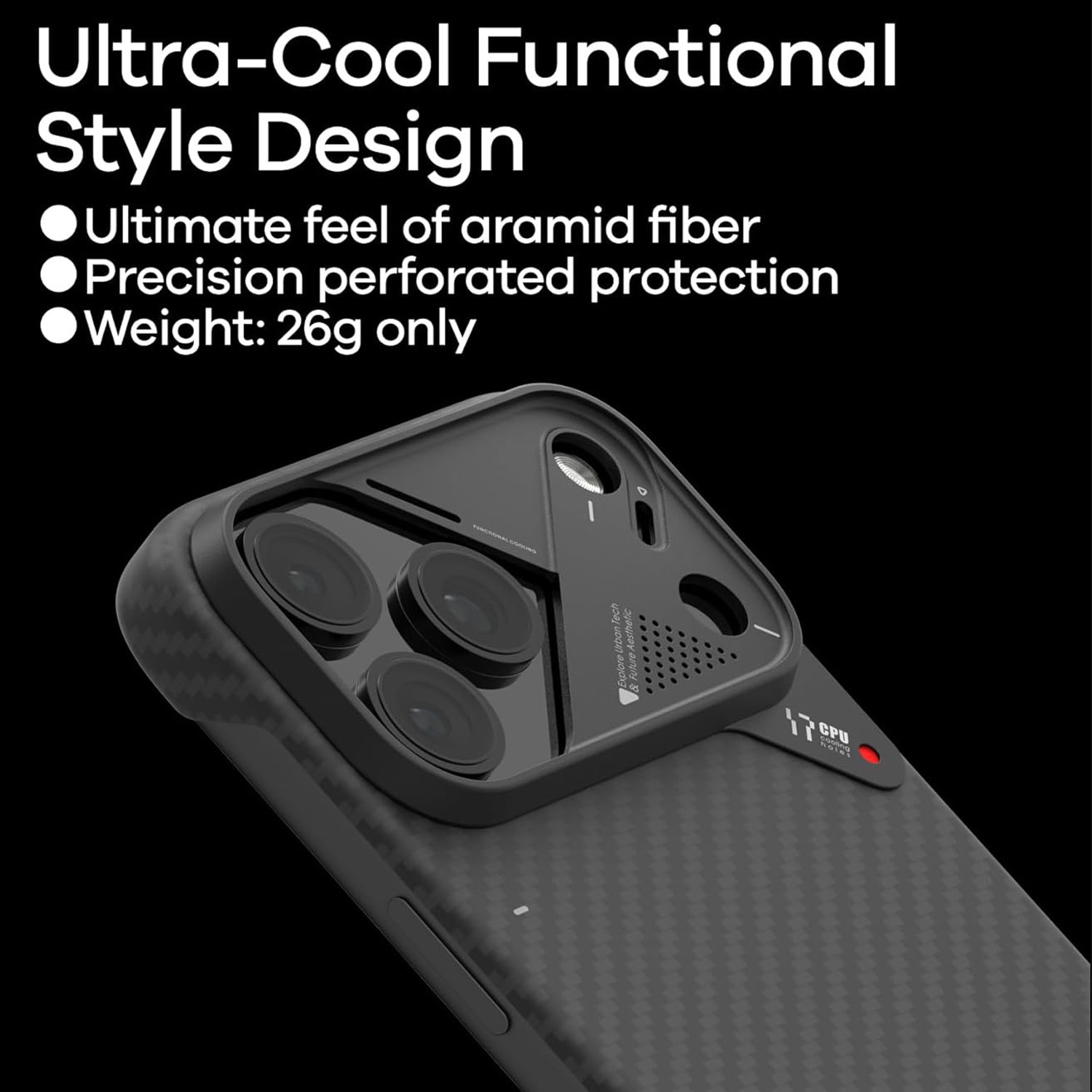 Husa pentru iPhone 17 Pro din fibra de aramida, Aulumu A17, Ultra slim, compatibila MagSafe, Racire activa CoolHyper, Cadru camera din Aluminiu, Design rezistent la socuri, Disipare caldura, Protectie premium, Negru