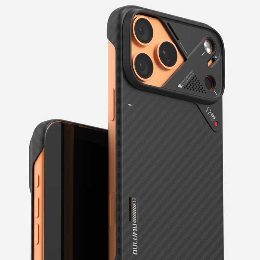 Husa pentru iPhone 17 Pro din fibra de aramida, Aulumu A17, Ultra slim, compatibila MagSafe, Racire activa CoolHyper, Cadru camera din Aluminiu, Design rezistent la socuri, Disipare caldura, Protectie premium, Negru