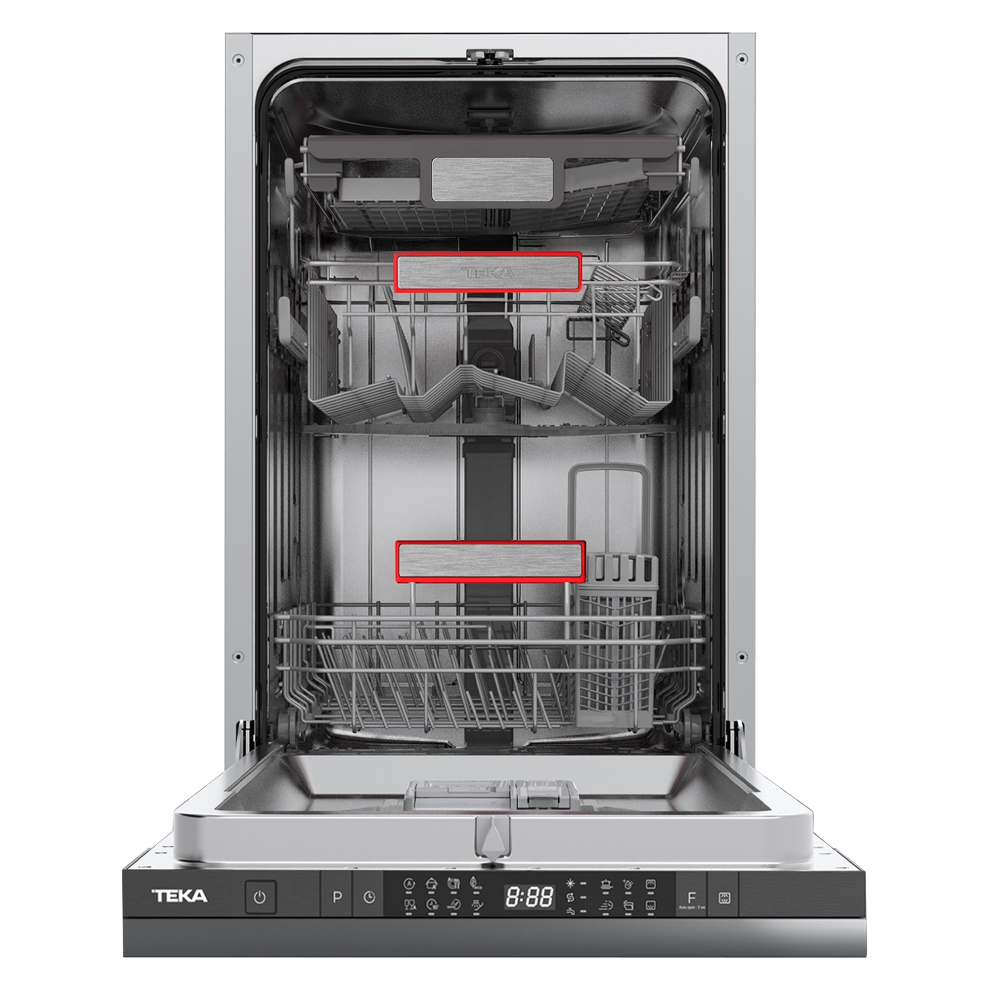 Mașină de spălat vase incorporabilă Teka DFI 74860, Control tactil, Display LED, 8 programe, 10 seturi, Program Eco, Pornire întârziată, 45 cm, Clasa energetică C, Negru