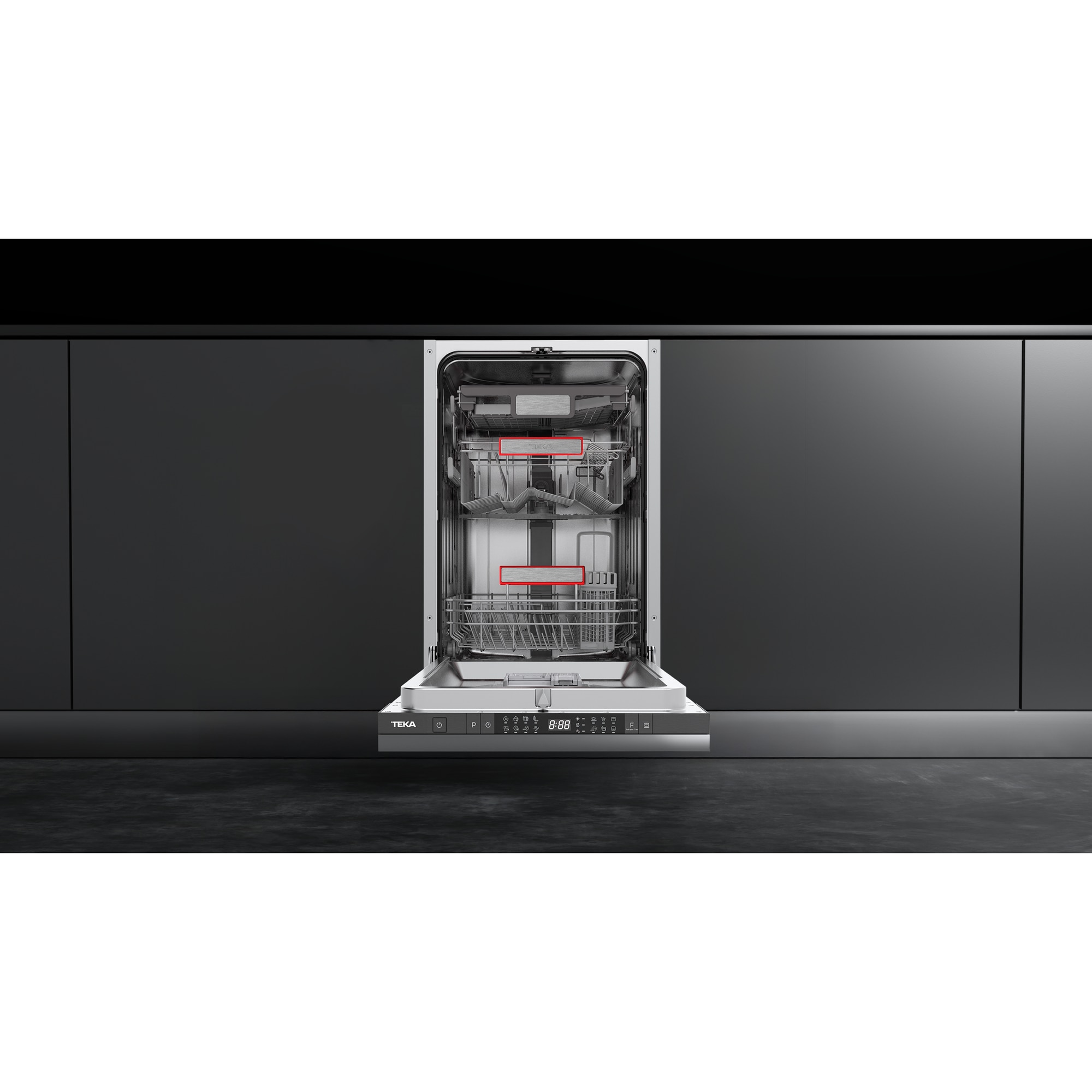 Mașină de spălat vase incorporabilă Teka DFI 74860, Control tactil, Display LED, 8 programe, 10 seturi, Program Eco, Pornire întârziată, 45 cm, Clasa energetică C, Negru