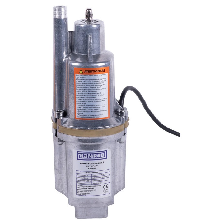 Pompa submersibila cu vibratii pentru apa curata KAMRAD VMP-60, 280W, 1080 l/h, adancime absorbtie 6 m, inaltime refulare 70 m, 0.75 toli