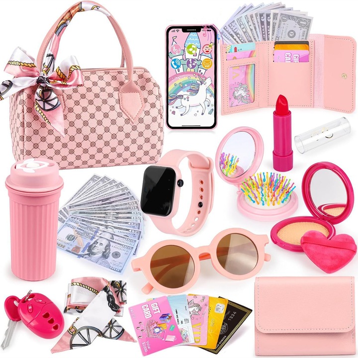Set de Machiaj pentru Fete, Esther Beauty®, 32 Piese - Include Geanta de Mana, Rujuri, Ceasuri Jucarie, Bancnote etc, Creativ si Interactiv, Cadou Perfect pentru Copii de 3+ Ani, Roz