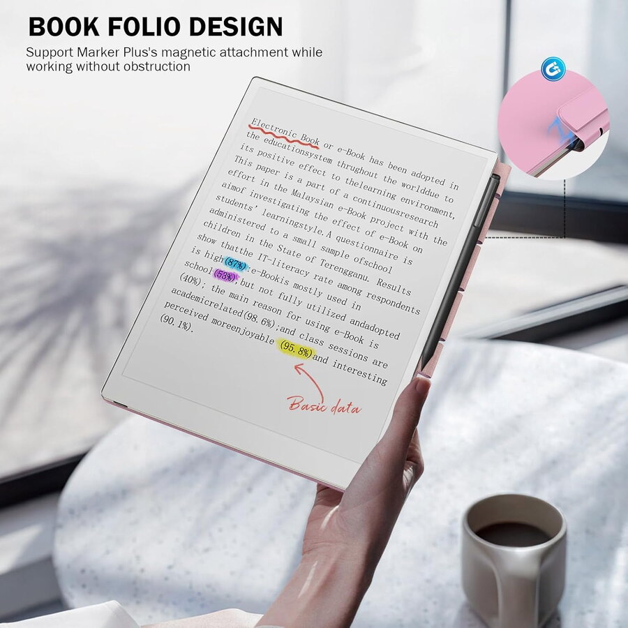Husa MoKo Book Folio pentru Remarkable Paper Pro 11.8", Magnetic, Roz